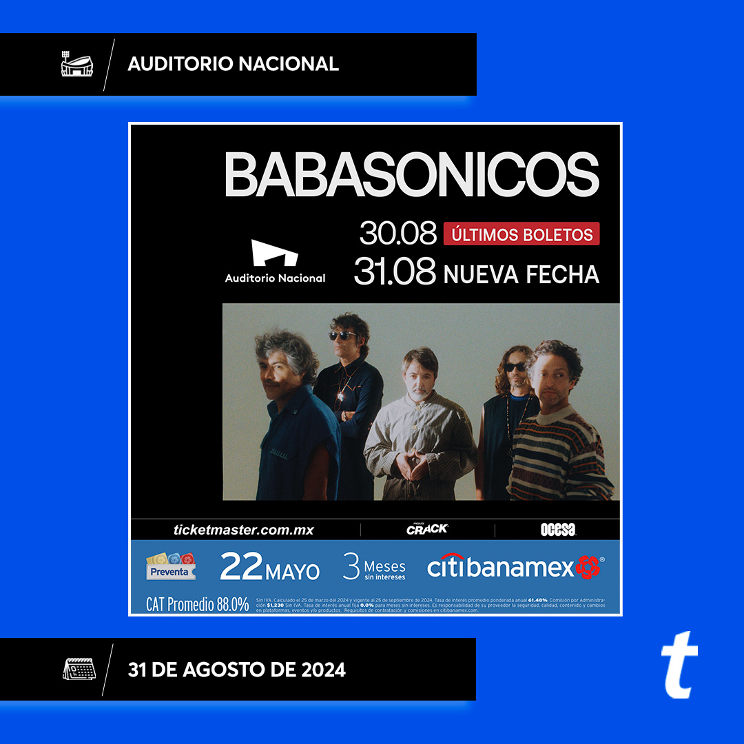 💥 ¡Segunda fecha para cantar con los @babasonicos! Ahora inicia la #PreventaCitibanamex para cantar en el @AuditorioMx los éxitos de la banda argentina 😎⚡ tkmx.link/Babasónicos_Tm