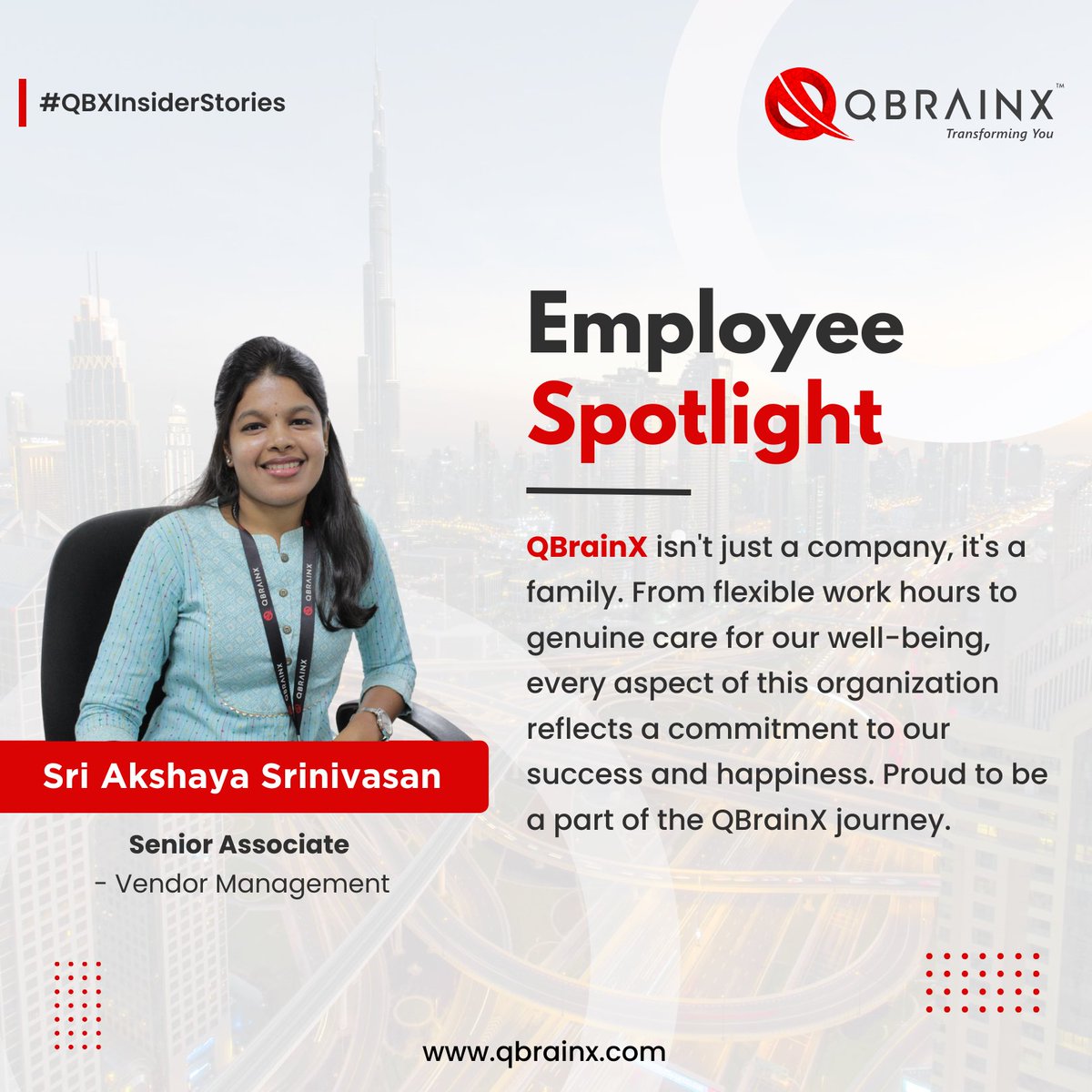 Gain insight into the core values of QBrainX from the voices of our team members! Join us as Akshaya Srinivasan reflects on her inspiring journey as a valued member of QBrainX.
#QBrainX #EmployeeInsights #Employeetestimonial #QBXInsiderStories #WorkplaceCommunity #QBX