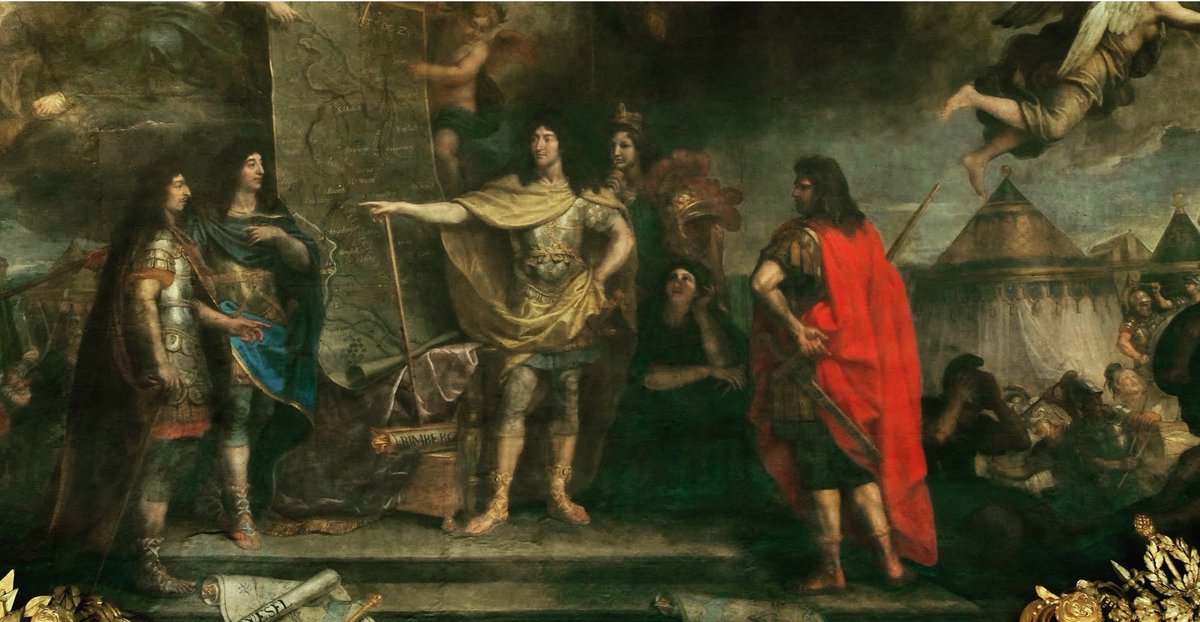 Charles Le Brun - Le roi donne ses ordres pour attaquer en même temps quatre places fortes de Hollande (details).
Grand compartiment du plafond de la galerie des glaces.  La scène présente les préparatifs à la prise de 4 places fortes : Orsoy, Wesel, Bucherich et Rheinberg.