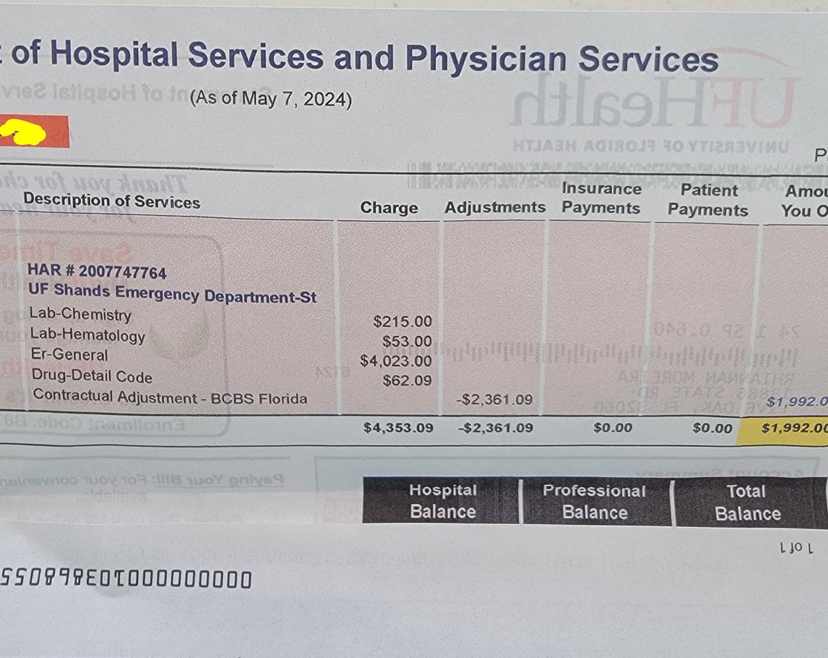 This is disgusting. This is our medical industry in America. 4,353.09 to seek emergency help for my child who was having a debilitating migraine. I have to pay 1992.00 for a 9 hour stay in the waiting room and only one anti nausea cocktail. We were never checked out or saw a