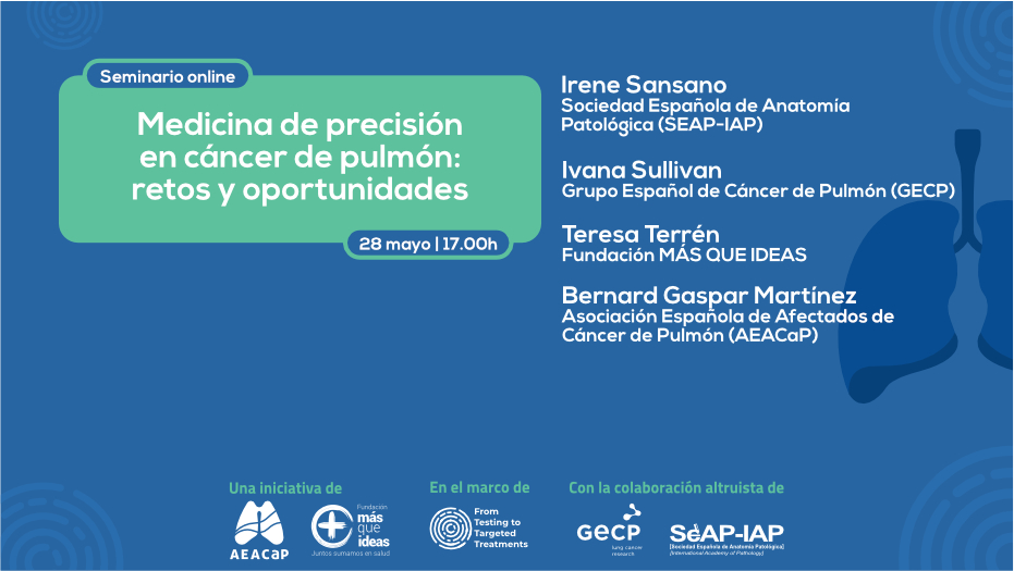 📣 Seminario online 'Medicina de precisión en #cáncerdepulmón: retos y oportunidades' 🗣️ Participan: 👉Irene Sansano (@seap_iap) 👉Ivana Sullivan (@gecp_org) 👉Teresa Terrén (@FundacionMQI) 👉Bernard Gaspar (@AEACaP) 🗓️ 28/05 🕕 17h ℹ️ Inscripciones 👉 bit.ly/AEACaP-Medicin…