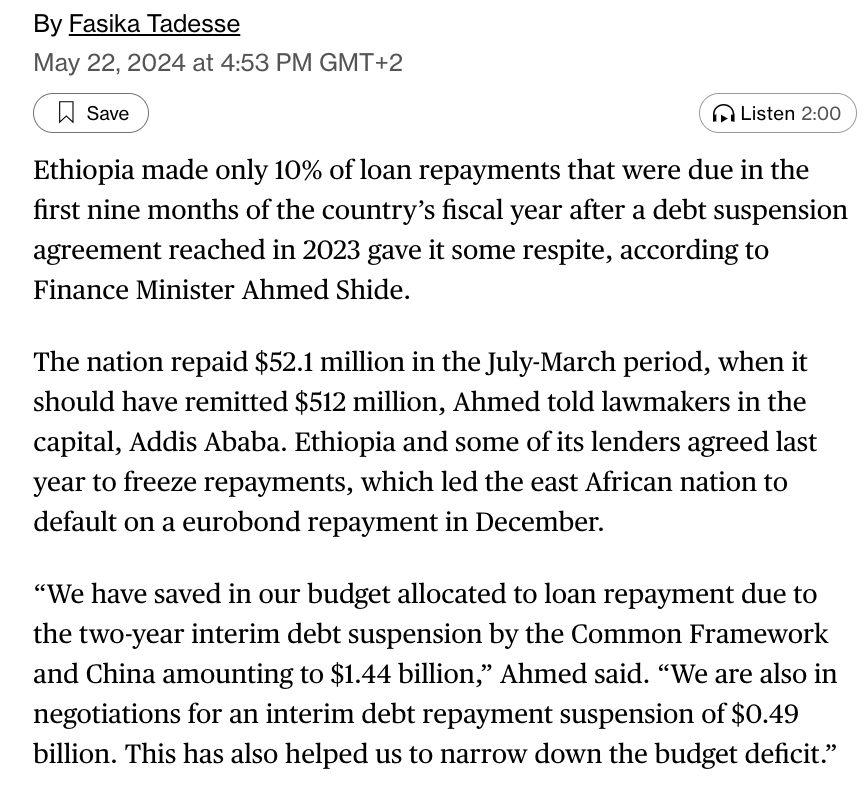 Ethiopia repaid just 10% of due loan payments in the first 9 months of its fiscal year after a debt suspension agreement. Finance Minister Ahmed Shide says the country saved $1.44B due to the suspension Link: bloomberg.com/news/articles/…