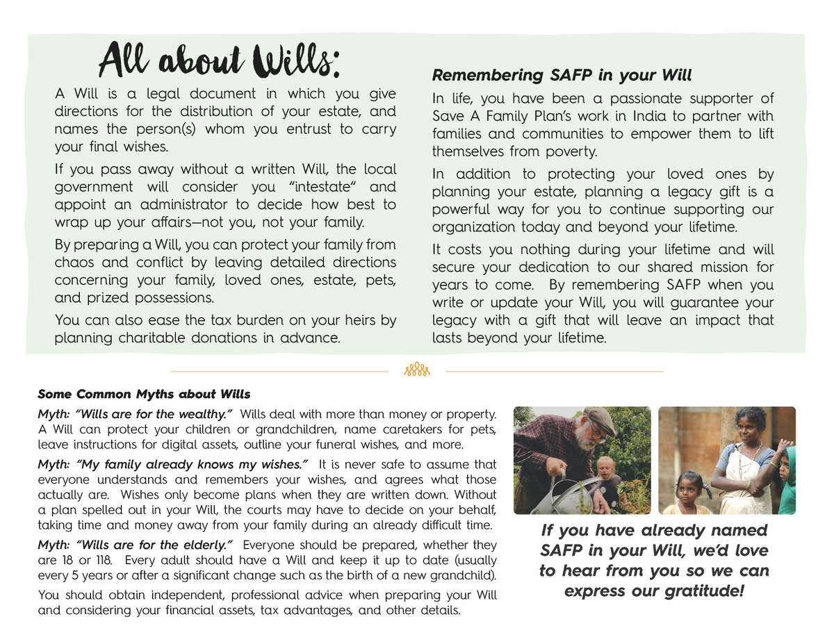 May is Leave a Legacy Month

If you're writing or updating your Will, we hope you'll keep Save A Family Plan in mind.  We have a brochure to help, available here:  safp.org/wp-content/upl…

#leavealegacymonth #plannedgiving #peoplehelpingpeople #sustainabledevelopment