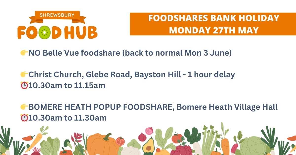 ******BANK HOLIDAY FOODSHARES MON 27 MAY******
Everyone is welcome to our daily foodshare tables. Bring your own bag and put £1 in the donation pot. Your contribution helps us keep our wheels turning.
shrewsburyfoodhub.org.uk/foodshare-time…
#foodshares #reducefoodwaste #foodwastewarriors
