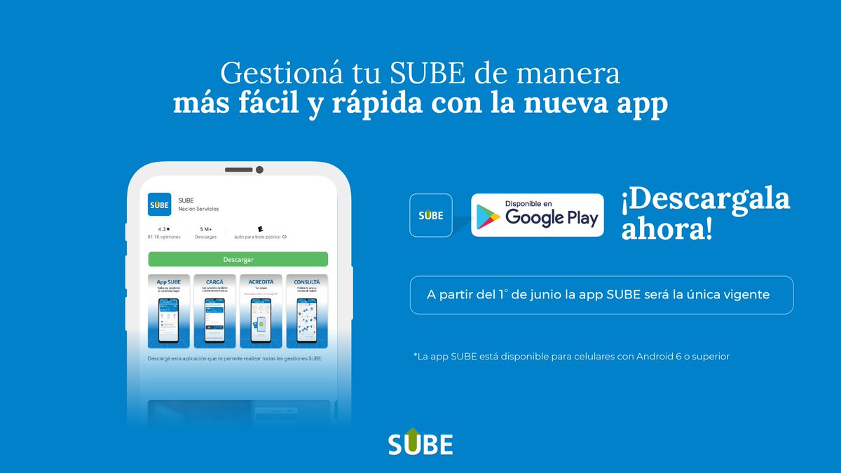 A partir del 1° de junio la nueva #appSUBE será la única disponible para gestionar tu tarjeta💳 La app SUBE reemplaza las anteriores y suma nuevas funcionalidades😉 ¡Descargala! 👉🏻 bit.ly/App-SUBE *Disponible para sistema operativo Android 6 o superior📱