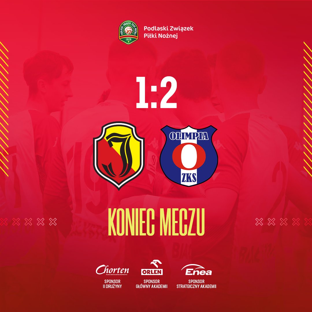 Jagiellonia II Białystok - Olimpia Zambrów 1:2 w półfinale #OPP. Gola dla naszego zespołu strzelił Eryk Kozłowski. Awans gości. Wspierają nas Grupa Chorten, @GrupaORLEN oraz @Grupa_Enea 🤝