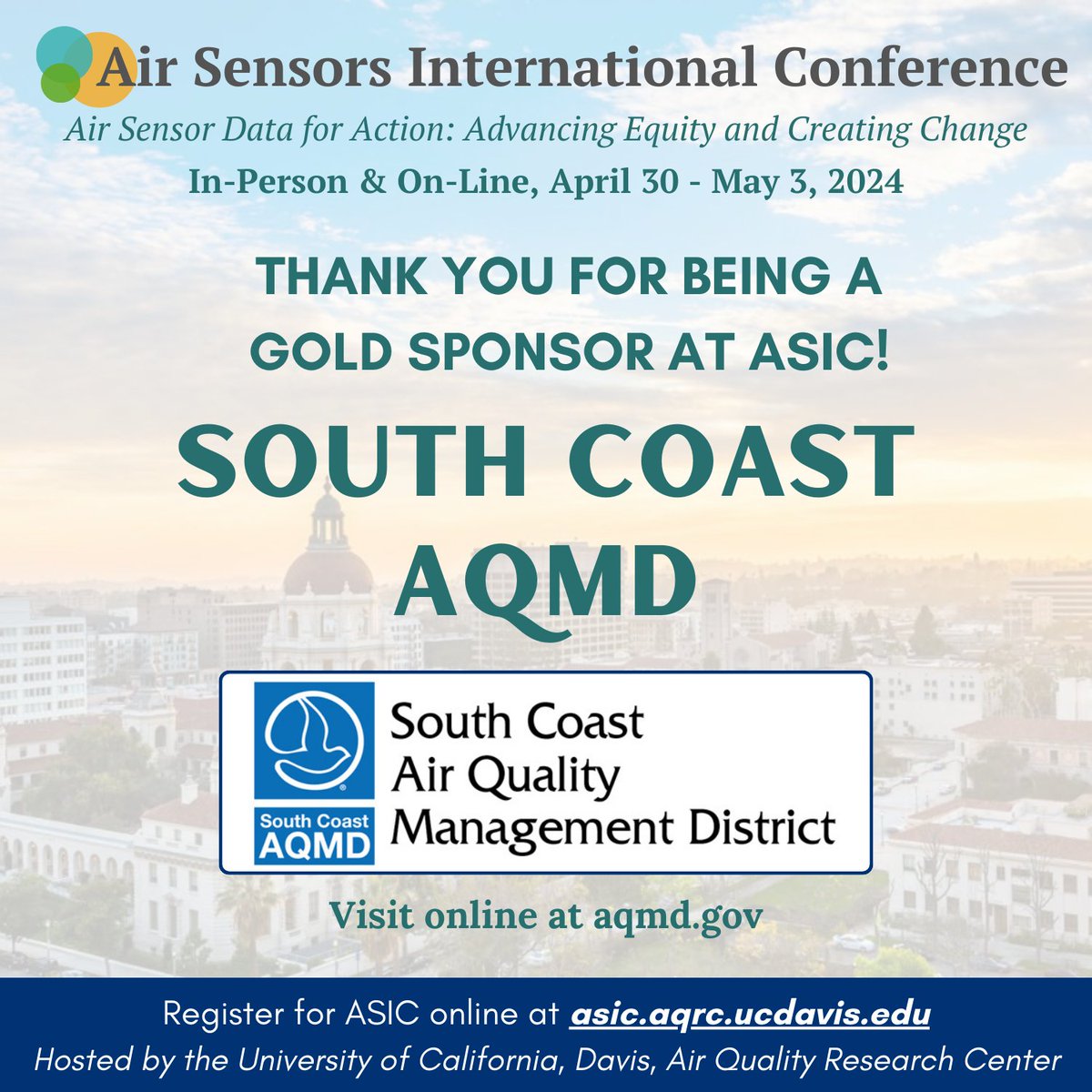 Thank you again to the South Coast Air Quality Management District for being a gold sponsor at ASIC California 2024! Learn more about SCAQMD at aqmd.gov @SouthCoastAQMD #ASIC2024 #airquality #airsensors #lowcostsensors