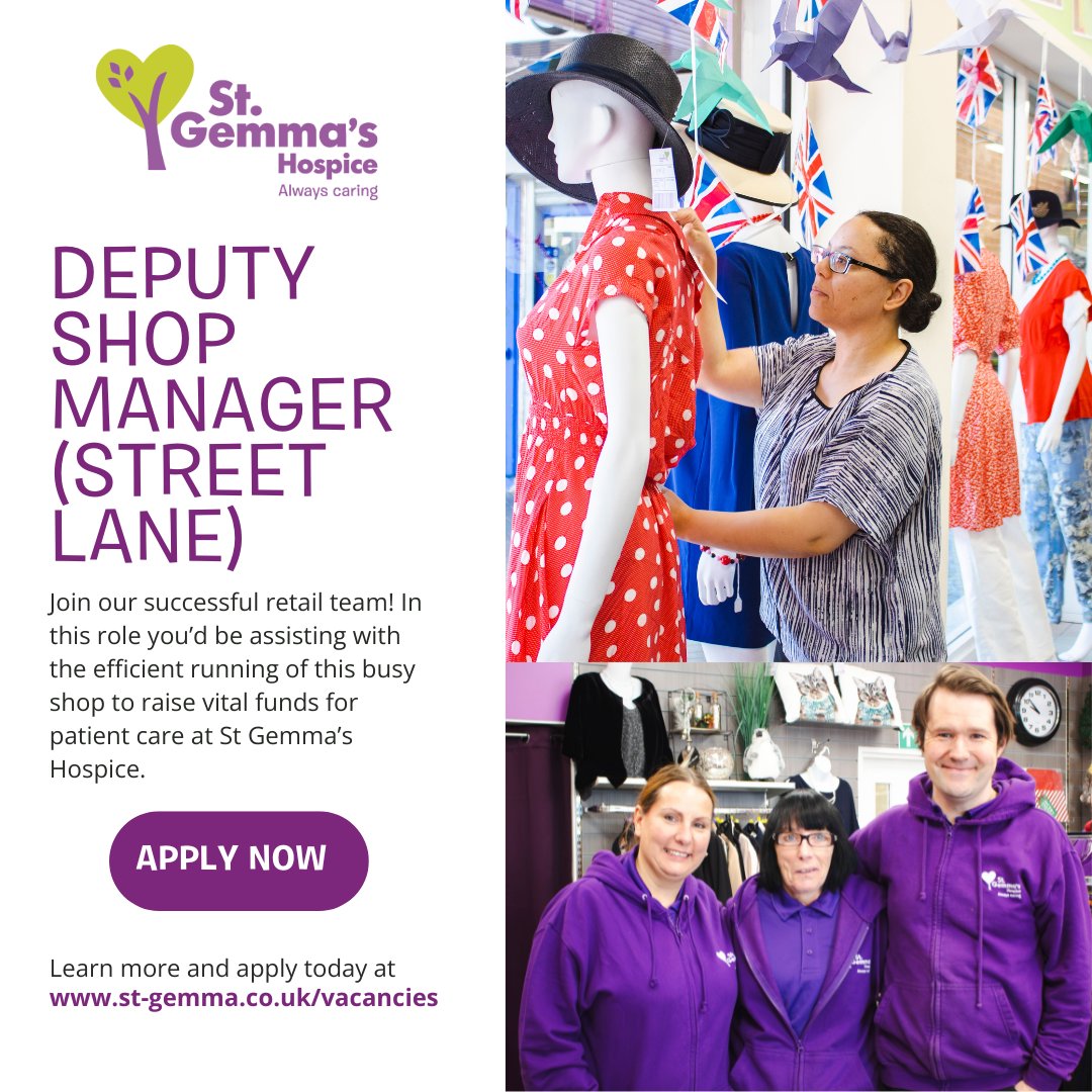 Are you looking for the next step in your retail career & want to make a difference in the local community? Join our successful & ambitious retail team in #Roundhay!

We're recruiting a Deputy Shop Manager in our Street Lane shop: st-gemma.current-vacancies.com/Jobs/Advert/34…

#RetailJobs #LeedsJob