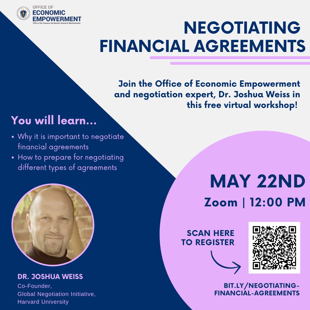 Today at 12! Learn how to negotiate financial agreements with expert, Dr. Joshua Weiss in our free virtual workshop! Register now: us06web.zoom.us/webinar/regist…