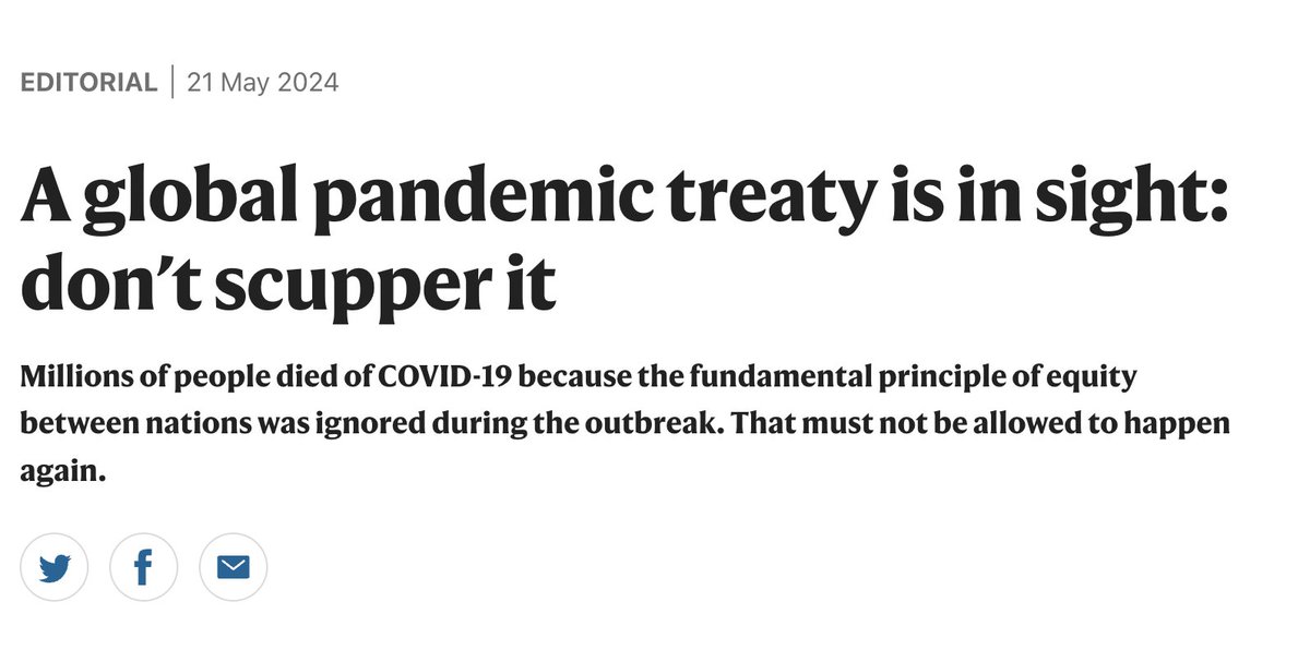 Thank you, @Nature, for a clear and compelling explanation of why we need a strong #PandemicAccord. 'The world needs this treaty, without delay... compromise — on all sides — will be necessary to get the final version over the finishing line.' bit.ly/3UULD1D