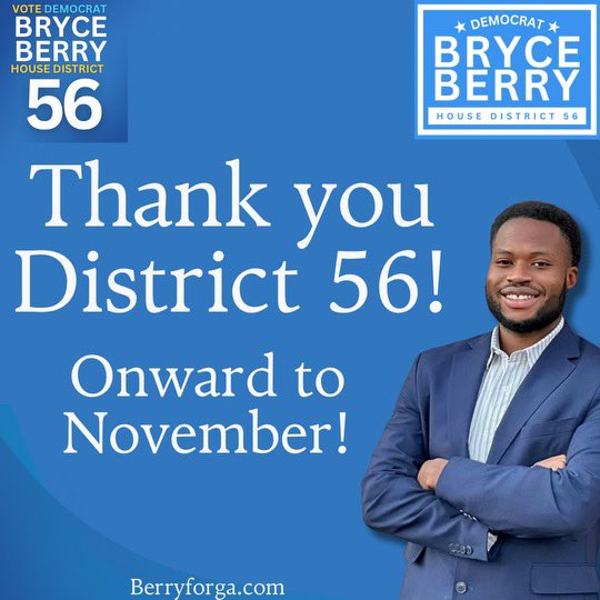 BerryforGA's tweet photo. I am incredibly humbled and honored to have been elected your Democratic nominee for HD 56. Whether you voted for me or not, I will fight for you because everyone deserves justice. This is not about any one of us but about the idea that we can do better together. Onwards! 
#gapol https://t.co/tVgSBZlnSo
