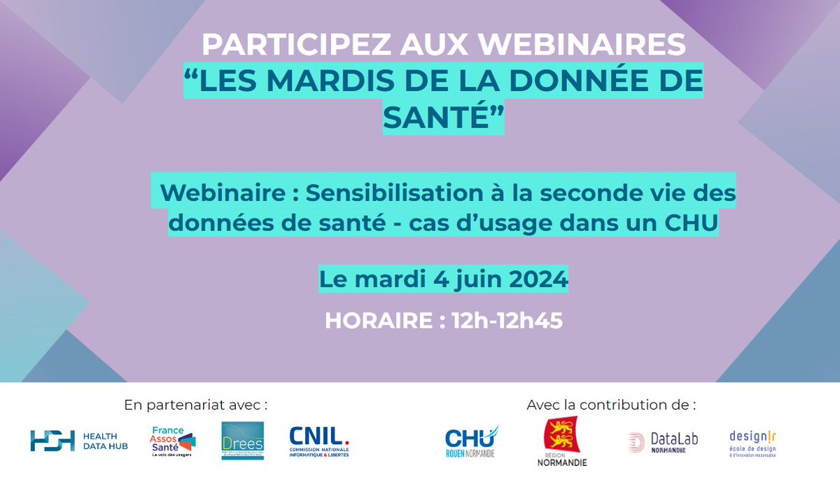 📢 Ne manquez pas notre prochain webinaire Les Mardis de la donnée de santé : “Sensibilisation à la seconde vie des données de santé - cas d’usage dans un CHU” le 4 juin à 12h. Inscrivez vous▶️ zoom.us/webinar/regist…