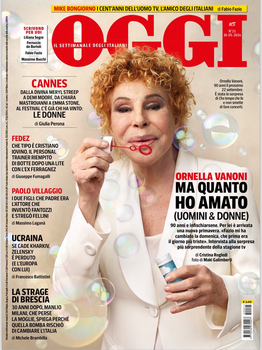 Sul nuovo #OggiSettimanale domani in edicola: <a href="/OrnellaVanoni/">Ornella Vanoni</a> e l’amore; a #Cannes2024 hanno già vinto le donne; il caso #FedezIovino; papà Paolo #Villaggio; se cade l’Ucraina; la strage di #Brescia 30 anni dopo. 
E i solo nostri <a href="/fabfazio/">Fabio Fazio</a> <a href="/DeBortoliF/">Ferruccio de Bortoli</a> #LilianaSegre #MassimoBucchi