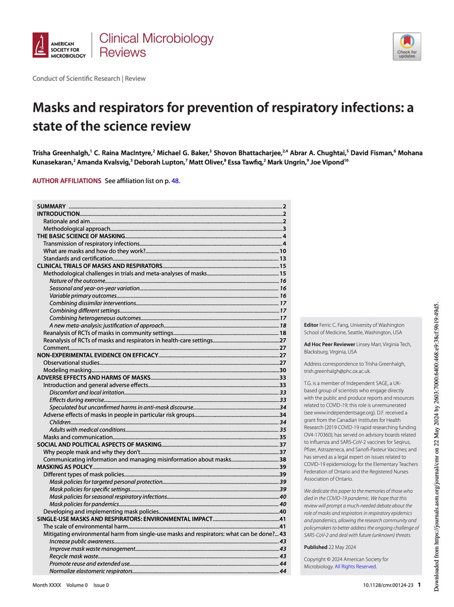 A new gold standard review of 100 studies finds: - masks are effective in reducing transmission of respiratory diseases - N95 respirators are significantly more effective than medical or cloth masks - mask mandates are effective in reducing community transmission