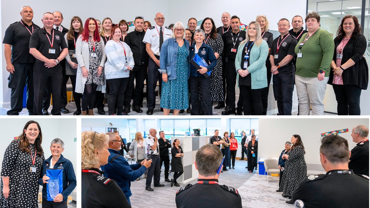 Firefighters and staff gathered at HQ today to wave off Jo Gouldson - who is leaving NFRS after a sterling 22 years of service. As a Community Safety Officer, she has been providing fire, road and water safety advice to people of all ages, but particularly at schools. 
1/2 &gt;&gt;
