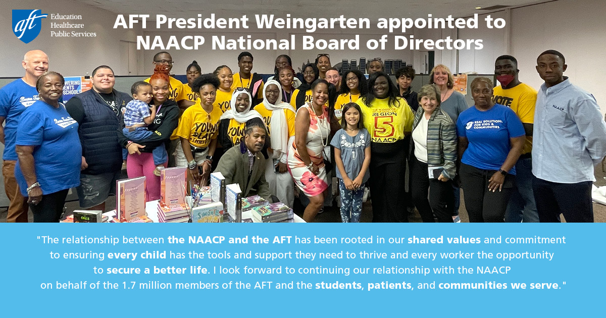 During the @NAACP National Board of Directors' May Meeting, AFT President @rweingarten was appointed as a new member of the NAACP National Board of Directors. Read more: aft.org/press-release/…