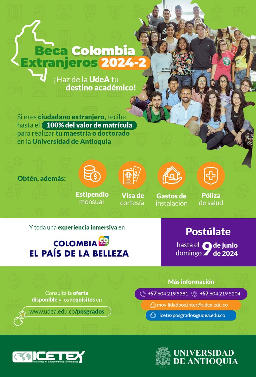 🌍🇨🇴 ¡Convocatoria para extranjeros! Recibe hasta el 100% del valor de tu matrícula para estudiar un posgrado en la #UdeA, una de las 20 mejores universidades en América Latina. 📌 Consulta los requisitos, programas y postúlate aquí: bit.ly/44Pv6Ax. #UdeAInternacional