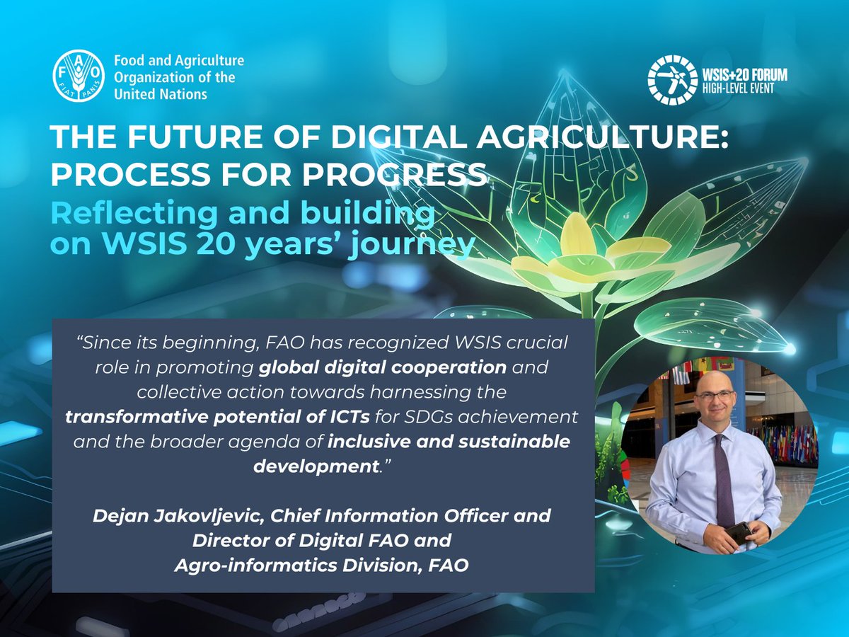 🔝Embedding Digital as a transformative component to common efforts & policies for #agrifood systems is crucial for #SDGs achievement. 💡Find out why & how @WSISprocess during @fao event 'The Future of #Digital Agriculture'! Register 👉 tinyurl.com/ynt7un9r #Digital4Impact