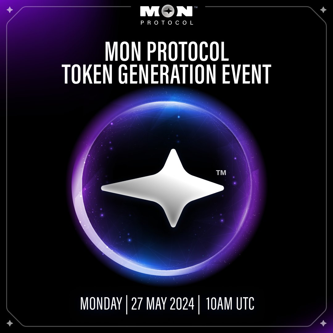 MON PROTOCOL - TOKEN GENERATION EVENT (TGE) MON Protocol (MON) will go LIVE on Monday, 27 May 2024 Claim: 9:30am UTC Listing: 10:00am UTC Over 180,000 wallets are eligible to claim MON at the Token Generation Event (TGE). Claim Details for MON Below⤵️