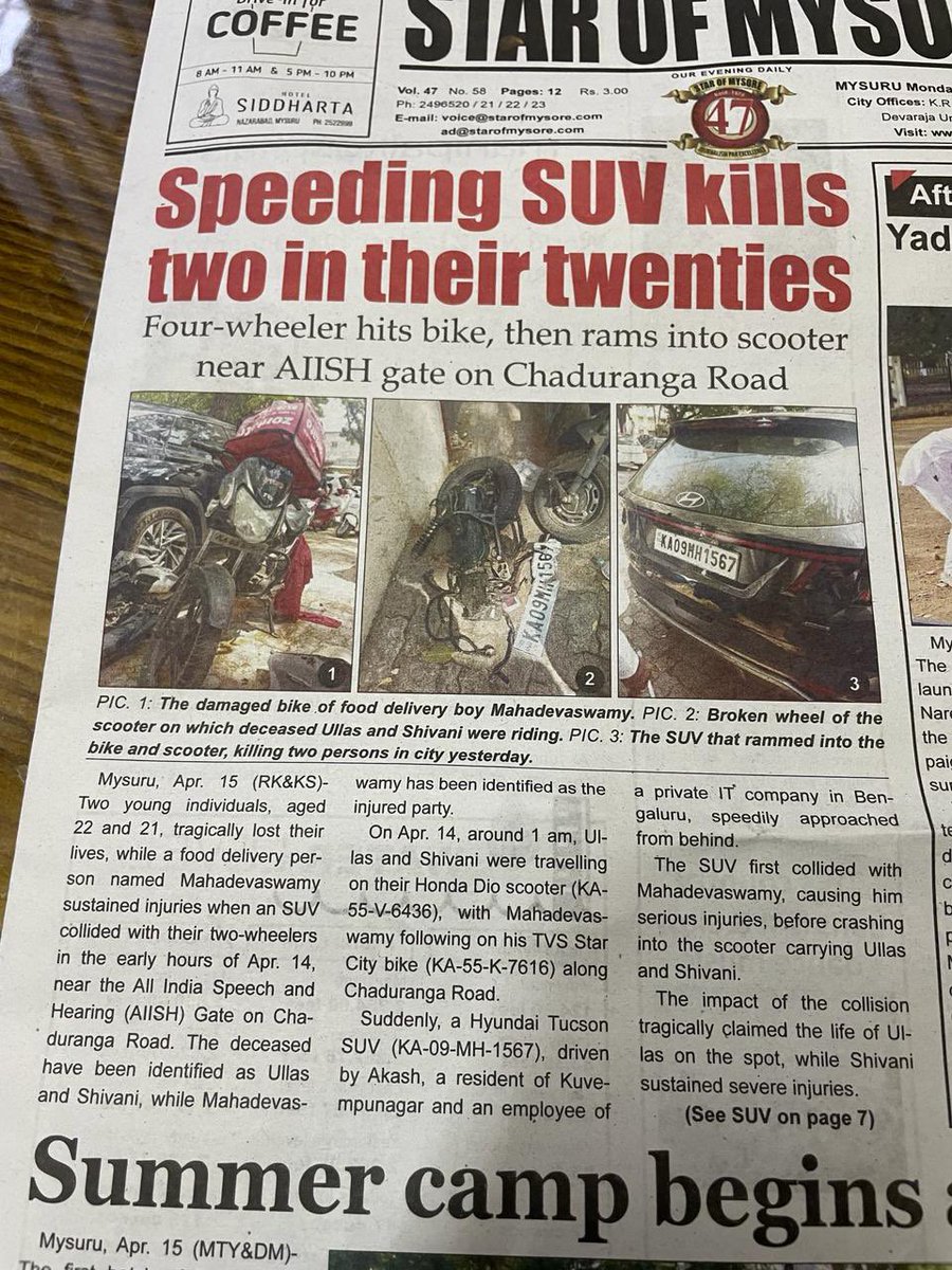 Sharath_XYZ's tweet photo. Dear Sir, Mumbai juvenile accident getting all over attention while similar case that happened in #Mysore on Apr 14th where 2 innocent lives were claimed went unnoticed. Request for help and justice. @DrParameshwara @Prateek34381357 @Shiva1306 @karnatakaportf https://t.co/GNddZdpL02