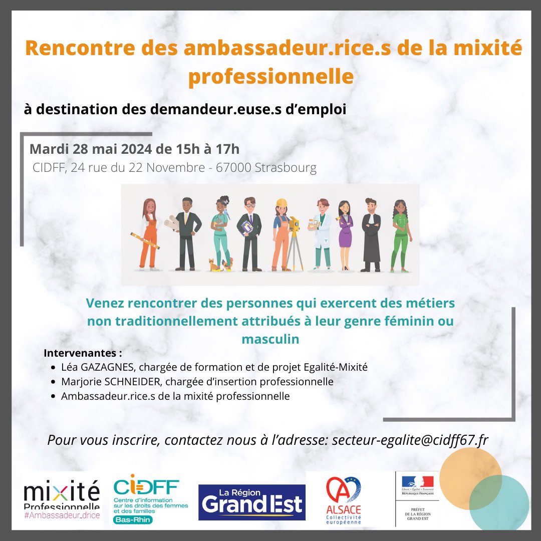 Rencontre des ambassadeurs.rices de la mixité professionnelle pour les demandeurs et demandeuses d'emploi le 28 mai :
Venez rencontrer des personnes qui exercent des métiers non traditionnellement attribués à leur genre féminin ou masculin !