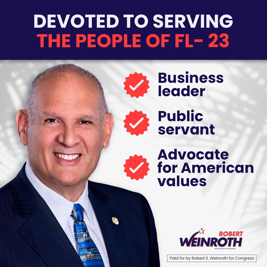 Devoted to serving the people of FL- 23   ✅ Business leader ✅ Public servant ✅ Advocate for American values   Join the movement to fix the mess in Washington➡️ robertforcongress.com/get-involved/