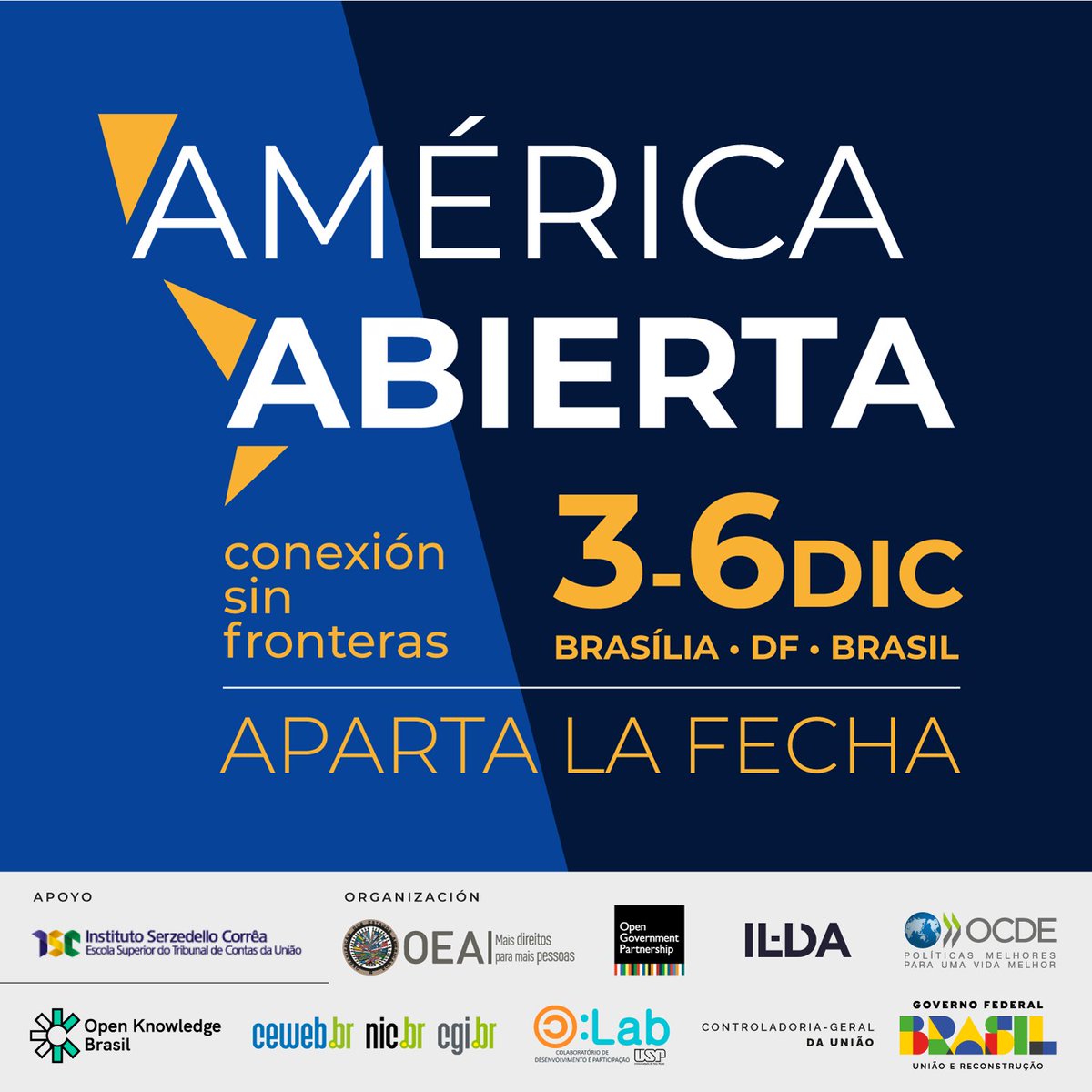 📢 ¡Aparta la fecha! ¡Brasil será sede de #AméricaAbierta del 3 al 6 de diciembre, en Brasilia! Participa en esta serie de encuentros internacionales enfocados en datos abiertos, transparencia, acceso a la información, gobierno abierto, y más. 🧵