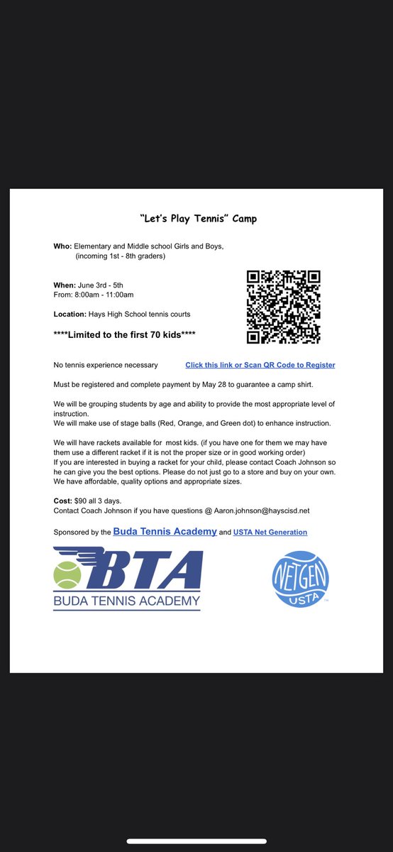 There is still time to sign up for the “Let’s Play Tennis” elementary and middle school camp! Use the link below to sign up!

docs.google.com/forms/d/e/1FAI…