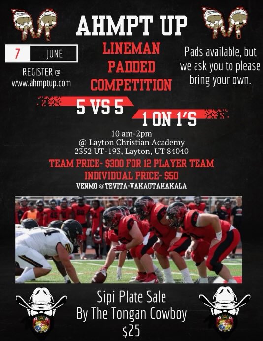 AHMPT UP coming to LCA to do a linemen camp. Critical to know, this will be a teaching &amp; technique camp to help sharpen the tools then finish with some competition. Pls sign up now to reserve your spot. Also will be a plate sale by da TonganCowboy himself. Let’s get it! #Trenches