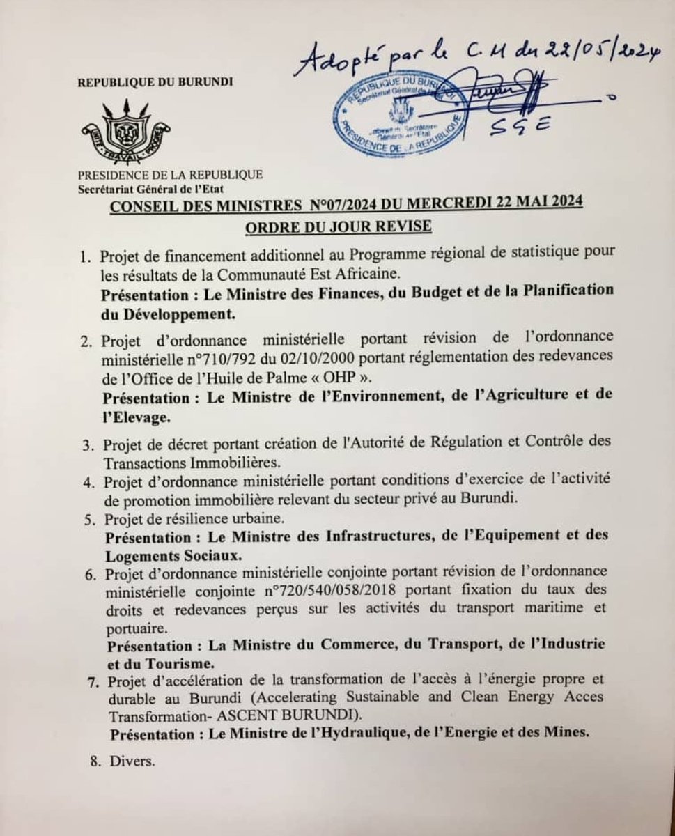 Sous les auspices du Chef de l'Etat #Burundi-ais S.E @GeneralNeva, un Conseil des Ministres s'est tenu ce 22/5 à @NtareHouse, statuant sur divers points, dont le projet de Décret portant Création de l'Autorité de Régulation et de Contrôle des Transactions Immobilières