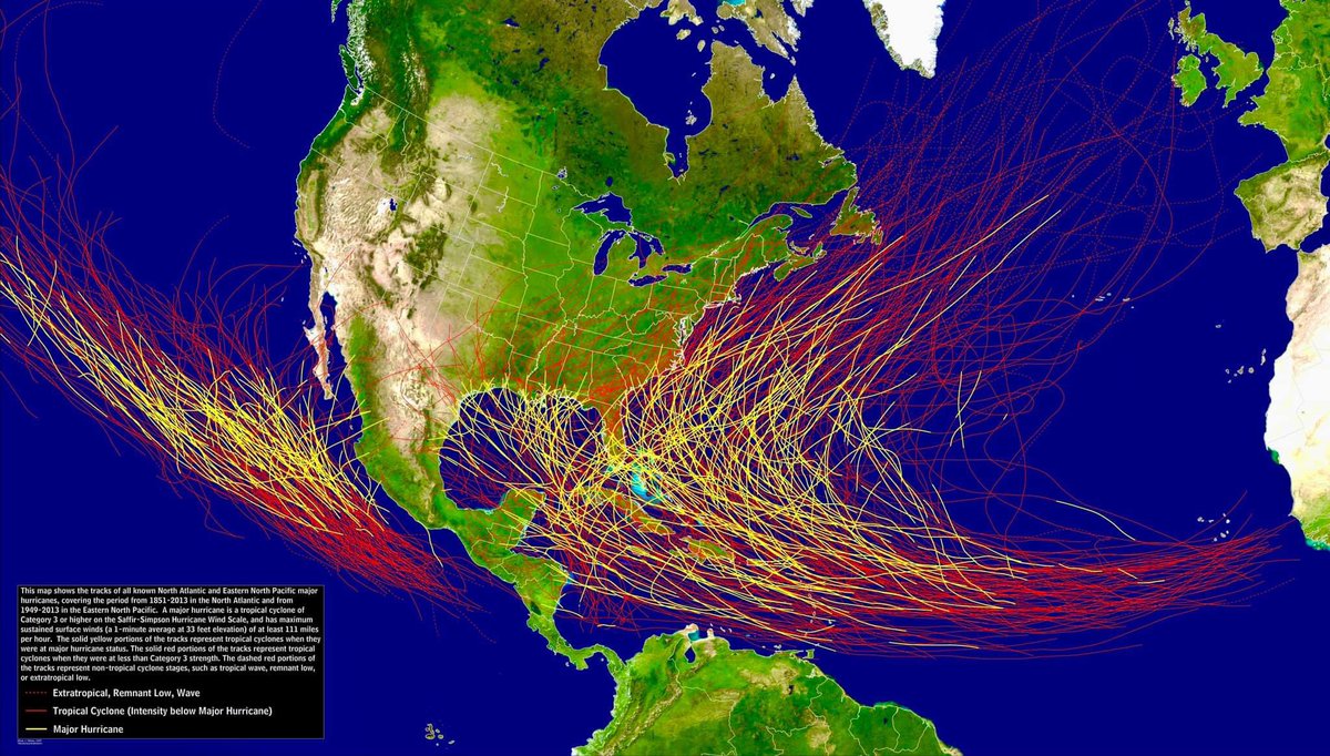 Trayectorias de los huracanes (ciclones tropicales de categoría 3 o superior) en el hemisferio occidental desde 1851 a 2013 en el Atlántico y desde 1949 a 2013 en el Pacífico. Créditos: National Weather Service / NOAA