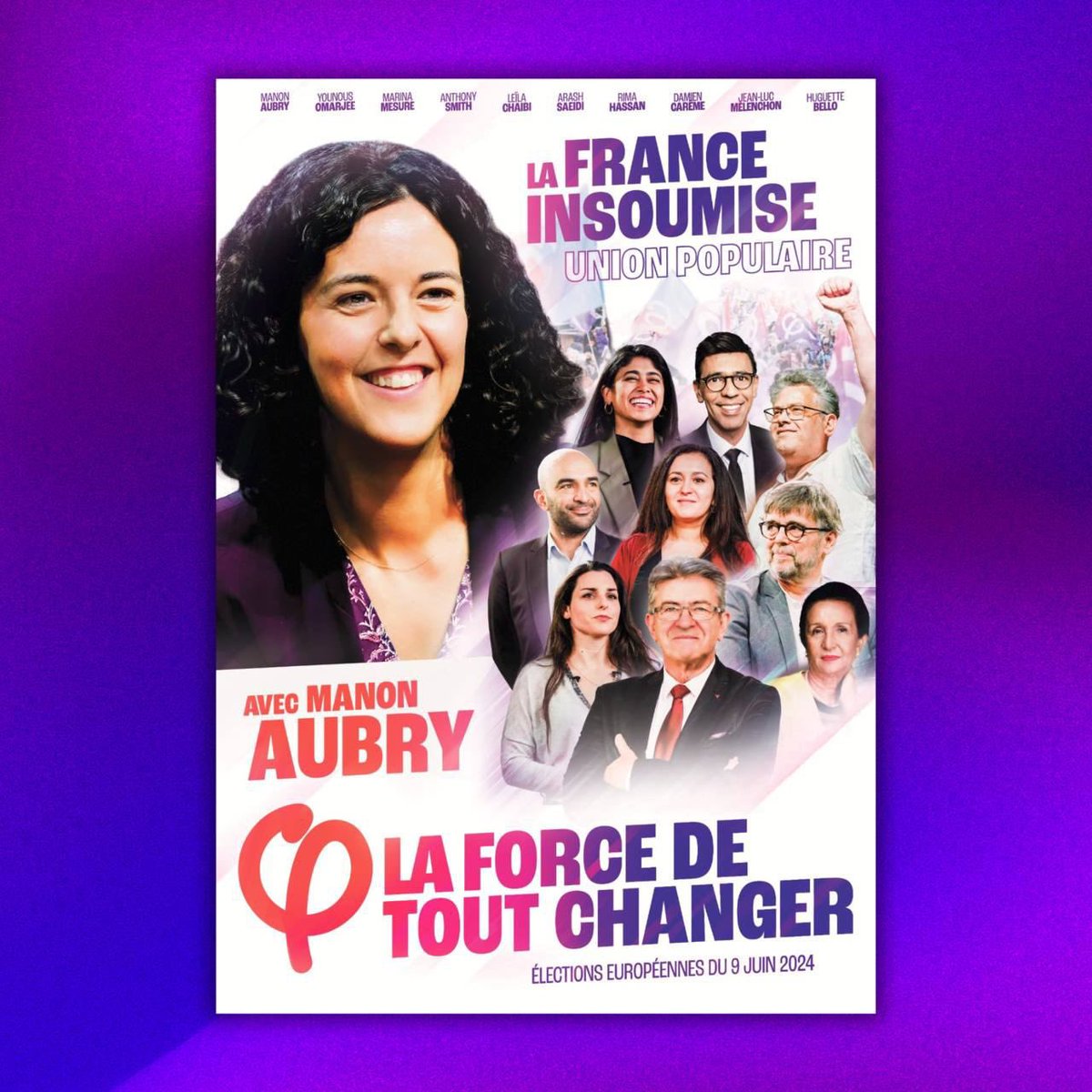 Incroyable cette nouvelle affiche. Bravo à l’équipe de La France insoumise et particulièrement à @Airspy7 L’affiche est aussi belle que cette campagne. Elle confirme ce qu’est la liste de l’#UnionPopulaire : une équipe déterminée et joyeuse pour tout changer avec @ManonAubryFr