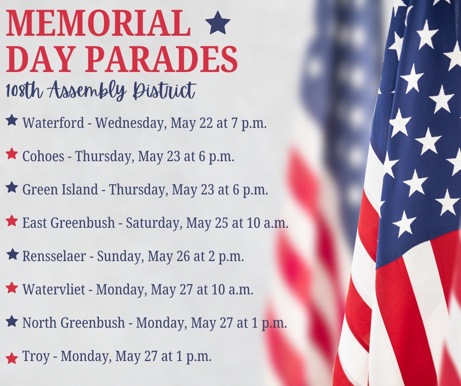 Join  me at these Memorial Day Parades throughout the 108th Assembly District  this weekend as we take time to honor and acknowledge the heroes who  sacrificed their lives for their love of this country!