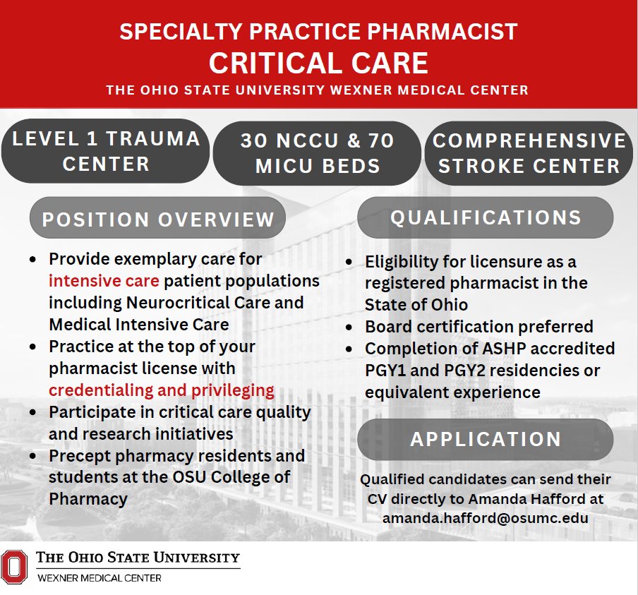 Casey C. May, PharmD, BCCCP, FNCS (@caseymaypharmd) on Twitter photo 🚨We are hiring with <a href="/OSUWexMed/">The Ohio State University Wexner Medical Center</a> for a dayshift NCCU/MICU pharmacist!🚨
You would be 1 of 3 neurocritical care pharmacists & joining a team of 15 critical care pharmacists!
Message me for details & share with your PGY2 Critical Care residents!
<a href="/SICUPharmD/">Tony Gerlach</a> @cvhmurphy
More info ⬇️ 🚨We are hiring with <a href="/OSUWexMed/">The Ohio State University Wexner Medical Center</a> for a dayshift NCCU/MICU pharmacist!🚨
You would be 1 of 3 neurocritical care pharmacists & joining a team of 15 critical care pharmacists!
Message me for details & share with your PGY2 Critical Care residents!
<a href="/SICUPharmD/">Tony Gerlach</a> @cvhmurphy
More info ⬇️