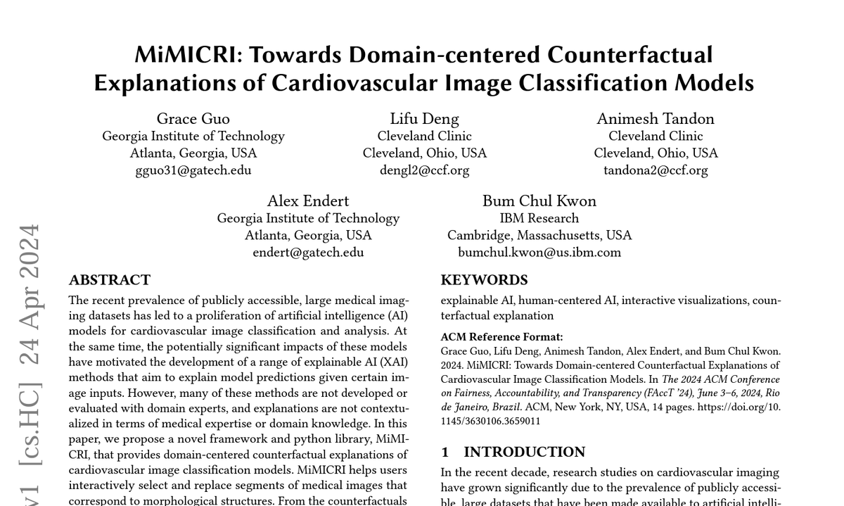 Grace (@graceguo43) on Twitter photo Counterfactuals explain and reduce over-reliance on AI in clinical settings, but how do we create counterfactuals for images like MRIs? And can we ensure their domain relevance?
In our new #facct2024 paper (/w Lifu Deng @ATandonMD <a href="/EndertAlex/">Alex Endert</a> <a href="/BCKwon/">Bum Chul Kwon | 권범철 | @bckwon@vis.social</a>), we present MiMICRI (1/6) Counterfactuals explain and reduce over-reliance on AI in clinical settings, but how do we create counterfactuals for images like MRIs? And can we ensure their domain relevance?
In our new #facct2024 paper (/w Lifu Deng @ATandonMD <a href="/EndertAlex/">Alex Endert</a> <a href="/BCKwon/">Bum Chul Kwon | 권범철 | @bckwon@vis.social</a>), we present MiMICRI (1/6)