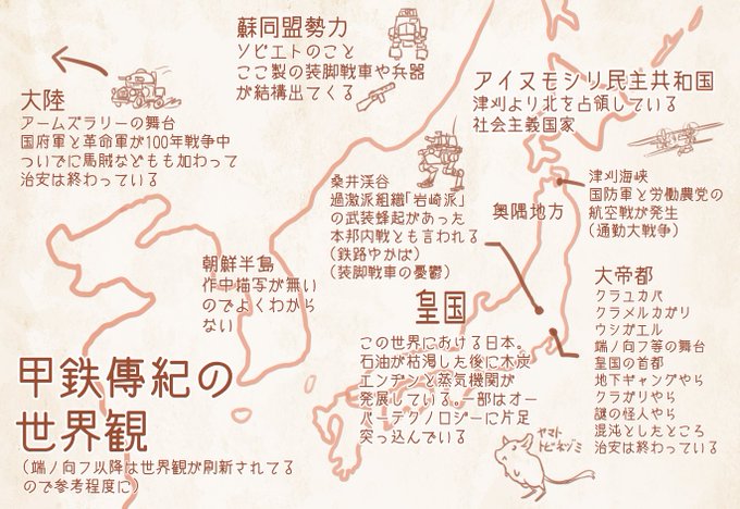 甲鉄傳紀シリーズの簡単な世界観解説
いろんな作品ごちゃ混ぜかつ一部の設定は過去作品のもので現行のものとは違う可能性があるのは悪しからず。
#クラガリファンアート 