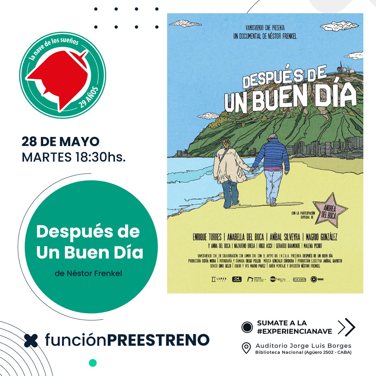 PRÓXIMA FUNCIÓN 🚀🚀
Martes 28 de Mayo a las 18:30hs presentamos "Después de Un buen día", de <a href="/frenkel_nestor/">Néstor Frenkel</a> 
📌 La función será con entrada libre en la <a href="/BNMMArgentina/">Biblioteca Nacional Mariano Moreno</a>