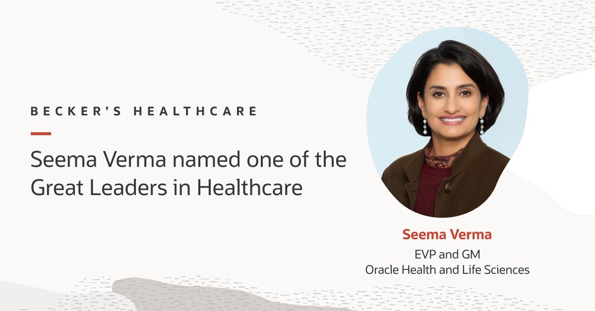 Congratulations to Oracle Health EVP and GM Seema Verma (@HealthcareSeema) for being named one of the Great Leaders in Healthcare by @BeckersHR!

We’re proud to have Seema leading our efforts to reimagine the future of health. social.ora.cl/6017dI4Kx