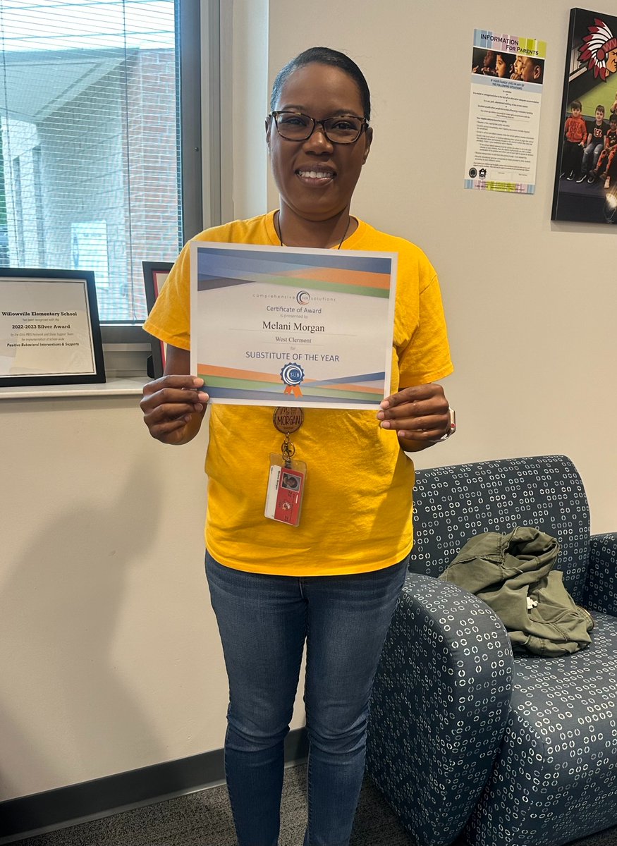 Willowville's building sub, Melani Morgan, has been named the Sub Solutions Substitute of the Year for the West Clermont School District! She goes above and beyond every day, and she will always be a cherished part of the Willowville family. Congratulations, Melani! #WCconnects