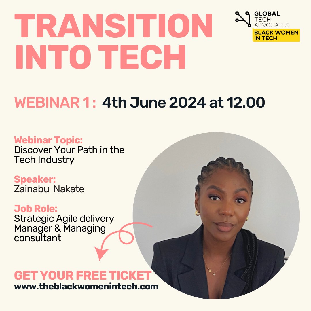 GTA_BWTECH's tweet image. Join our &quot;Transition Into Tech&quot; first webinar on June 4th, 2024 at 12.00, featuring Zainabu Nakate, Rose Stewart, and Omotola Shogunle sharing insights on tech roles and career paths—register now! 

#Transitionintotech  #careergrowth  #ProfessionalDevelopment #OnlineNetworking