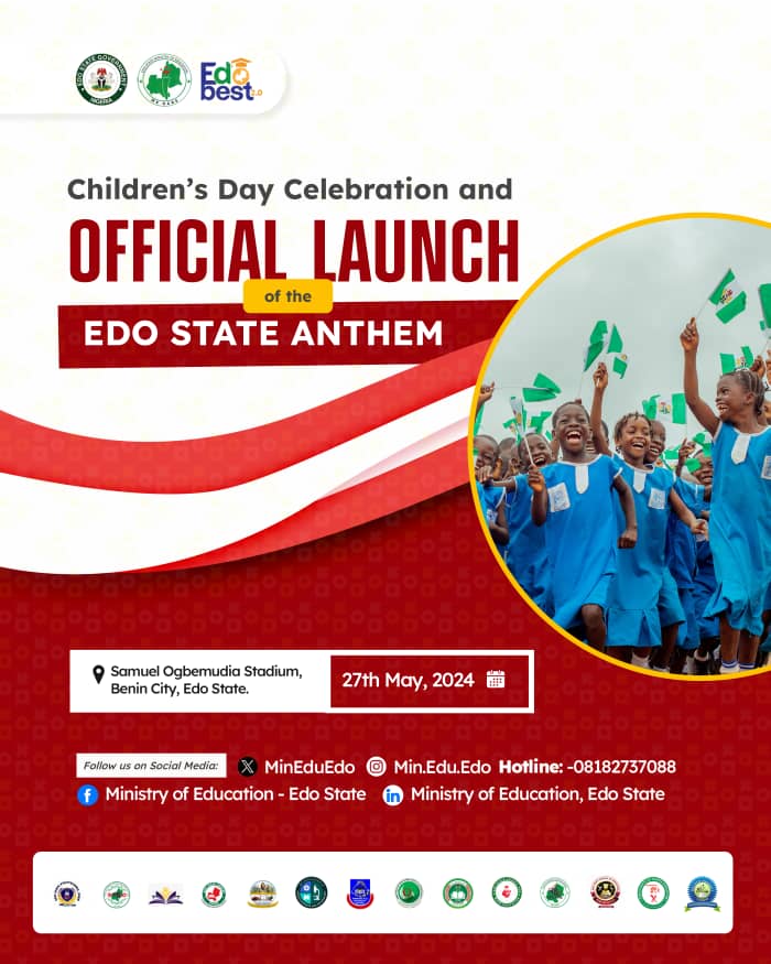 Duu_Osemuche's tweet photo. "Heartbeats of patriotism, rhythms of joy,
Celebrating our heritage, singing our future.
With our anthem that unites us all,
The Edo State Anthem launches on May 27th, 2024."
#EdoAnthem #GloriousEdo #BeautifulEdo #EdoEducationweek https://t.co/oukqzEgBrn
