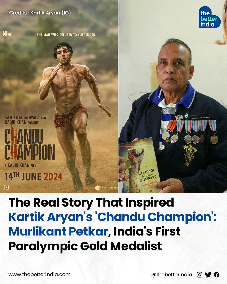 Kartik Aaryan's upcoming film 'Chandu Champion' isn't all fiction - it's the incredible true story of Murlikant Petkar, India's first Paralympic gold medalist. @TheAaryanKartik