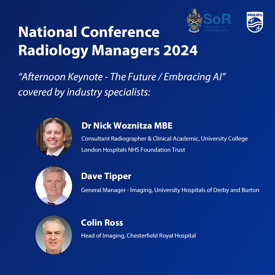 Our afternoon keynote with Dr Nick Woznitza, Dave Tipper and Colin Ross, will explore the future of healthcare, the world of diagnostic virtual wards, and how radiographers are embracing the use of AI 👉 ow.ly/goRc50RQxMg #Radiology2024 #Philips #SoR #NCRM