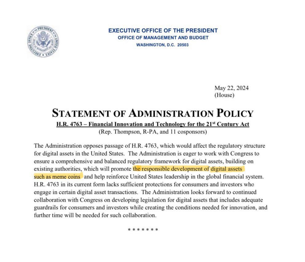 absolutely huge pivot by DC this past week! the WH's statement calls for a balanced regulatory framework for digital assets, and even name drops memecoins as one area they're looking at! if THIS doesn't make you believe in the memecoin supercycle, we truly don't know what will
