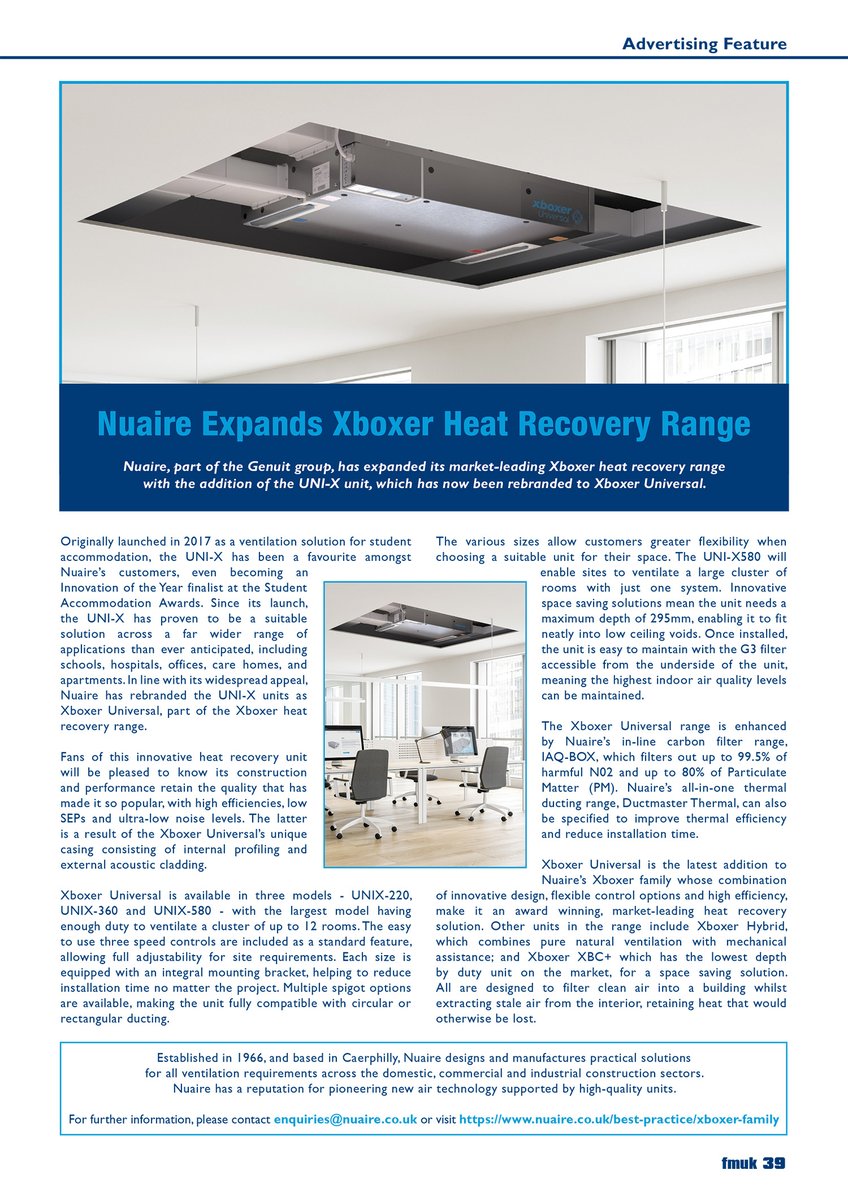 Latest Issue 📰: Nuaire has expanded its market‑leading Xboxer #HeatRecovery range with the addition of the UNI‑X unit, which has now been #rebranded to Xboxer Universal. ➡️fmuk-online.co.uk/features/5332-… @NuaireGroup #facman #FacilitiesManagement #ventilation #efficiency #performance