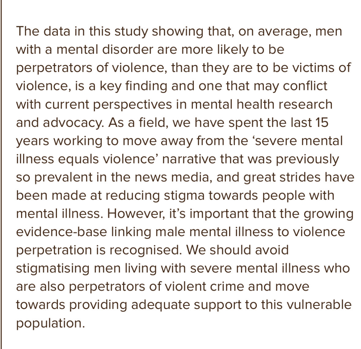 Great blog about new paper on violence outcomes (victimization and perpetration) in mental illness based on Danish population registers. Still can’t do this in the UK. 

Ends with some thoughtful implications - prevention a key way to reduce stigma, not ignoring the evidence.
