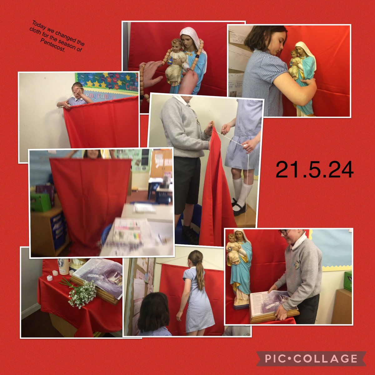 We changed our cloth to show the season of Pentecost. We are looking forward to leading mass on Friday too. We are thinking about friends in Year 6 tonight.