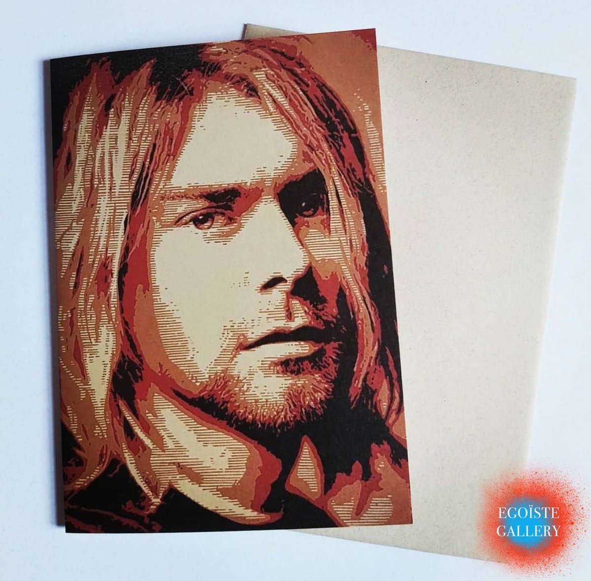 We have a nice art greeting card collection, including this one by Eliza Rocker 🎸❤️‍🔥
.
 #popart #fineart #contemporaryart #afflecks #affleckspalace #manchesterart #manchester #originalart #artframing #framing #portraitartist #artprinting #greetingcards #elizarocker #kurtcobain