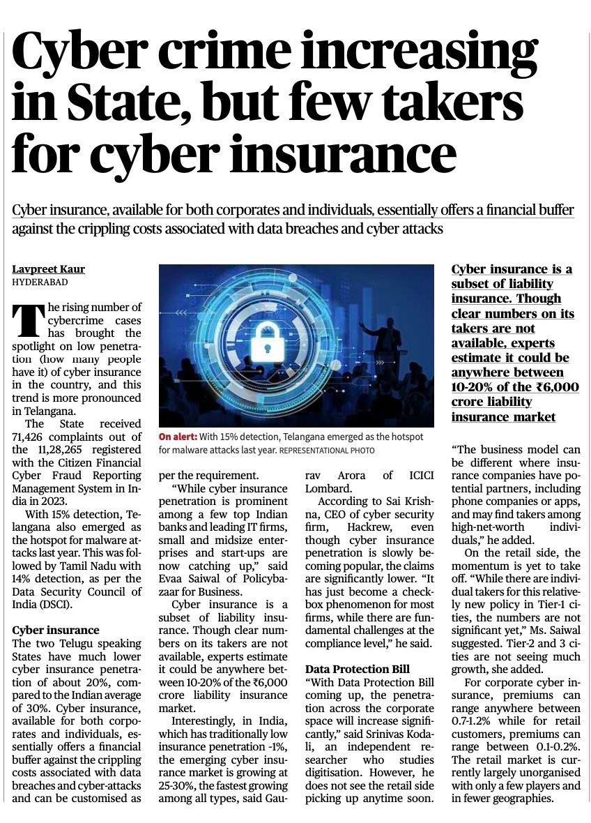 Gaurav Arora, Head of UW and Claims Property & Casualty at ICICI Lombard, emphasizes the urgent need for cyber insurance in light of rising cybercrime, highlighting that awareness and adoption are crucial for better protection. 

Read more at: thehindu.com/news/national/…