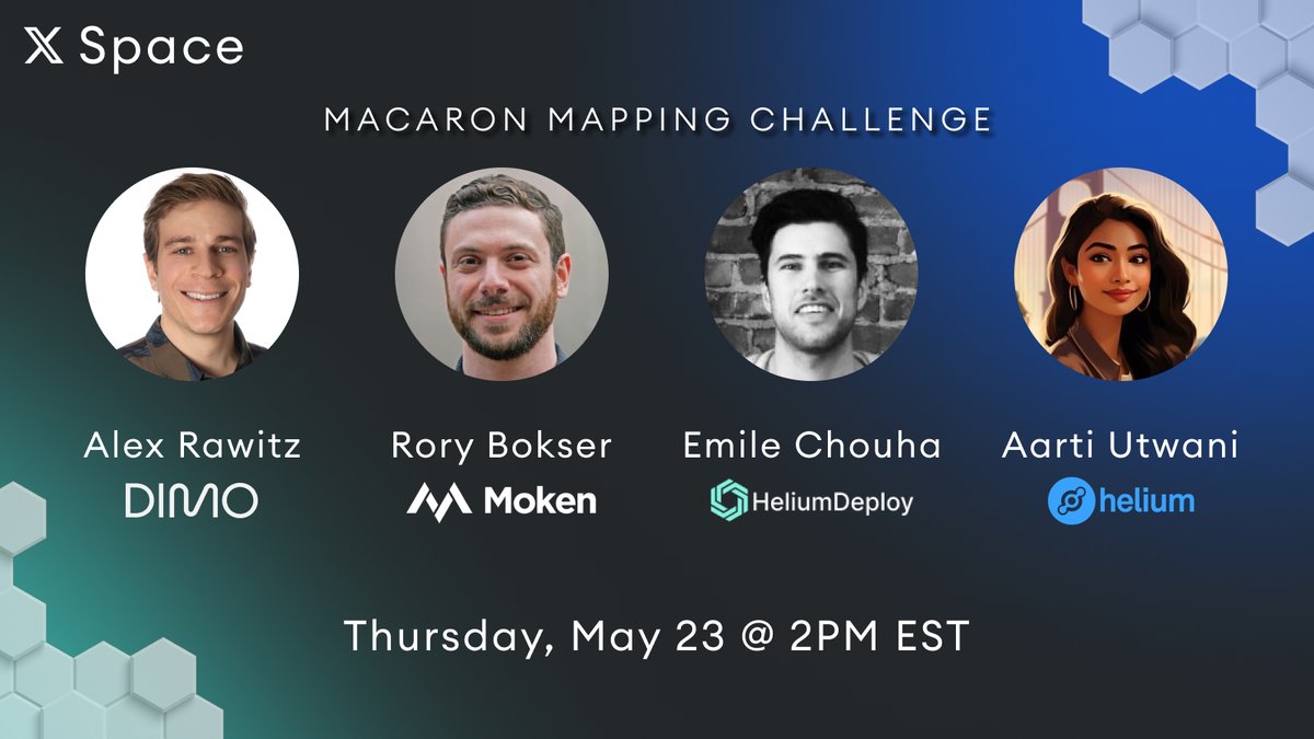 Set a reminder for an X Space tomorrow overviewing the Macaron Mapping Challenge, and how you can get involved. Hear from: @alexsrawitz, co-founder of DIMO @chouhaemile | @HeliumDeploy @rorybok | @mokenmarket @utwani_aarti | @Helium x.com/i/spaces/1LyxB…